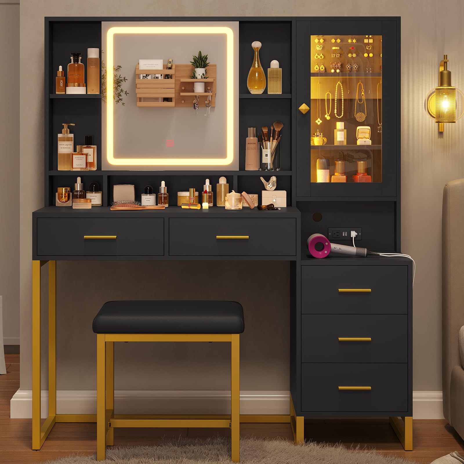 BTHFST Makeup Vanity with Upholstered Stool & Charging Station, Vanity Desk with Mirror and Lights & Jewelry Storage, Vanity Table Set with RGB Lights & 5 Drawers & Shelves, Black & Gold