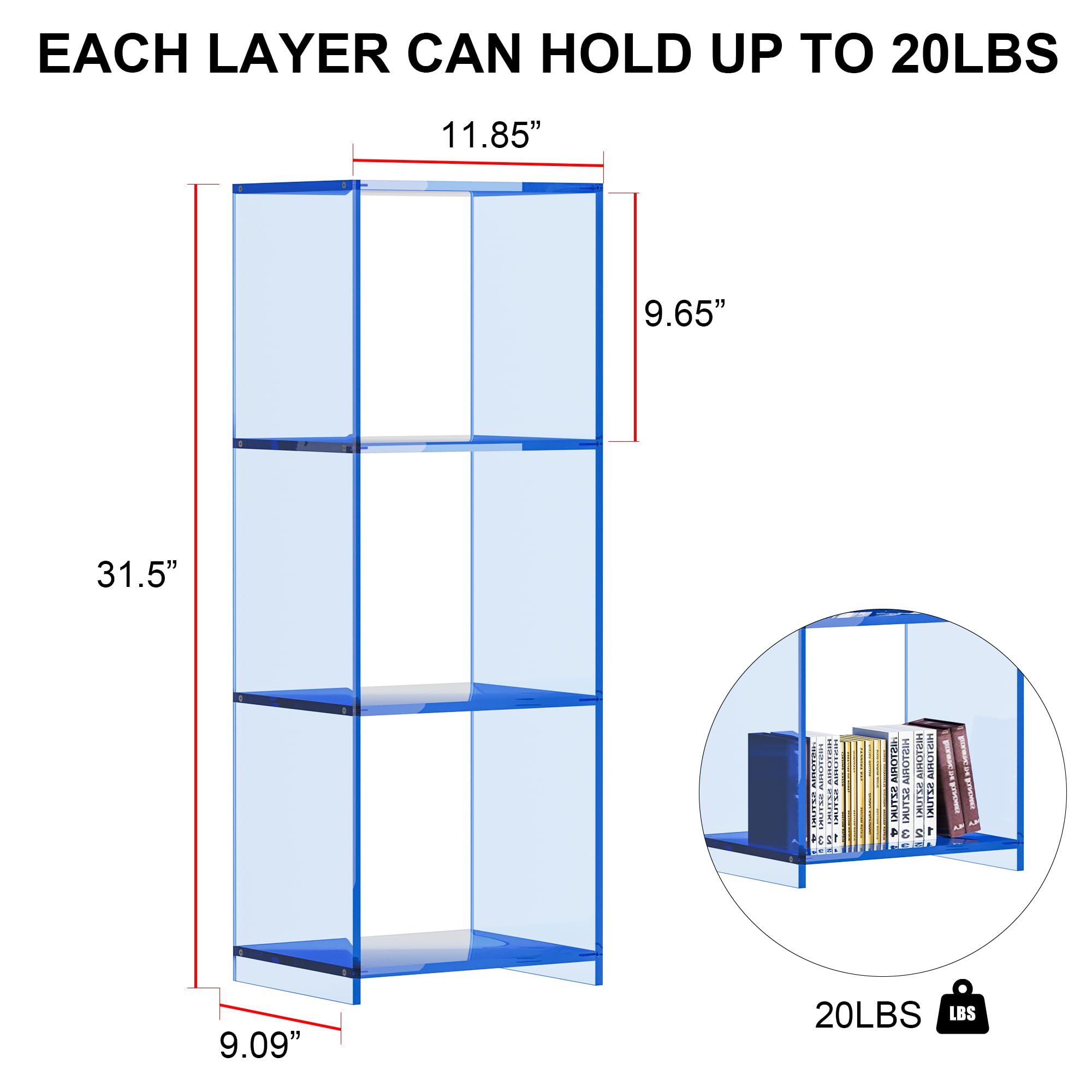 3 Tier Acrylic Bookcase, Clear Floor Standing Acrylic Bookshelf, 31.5 inch Tall Display Cube Storage Shelf Home Decor Furniture for Home, Office, Living Room, Bedroom, Blue