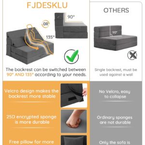 Fjdesklu Folding Couch Sofa Bed - Comfortable Sleeper Chair with Stable Back Support, Pocket and Throw Pillow, Durable Fabric & Portable Design for Napping, Yoga, Reading, and Relaxation - Grey