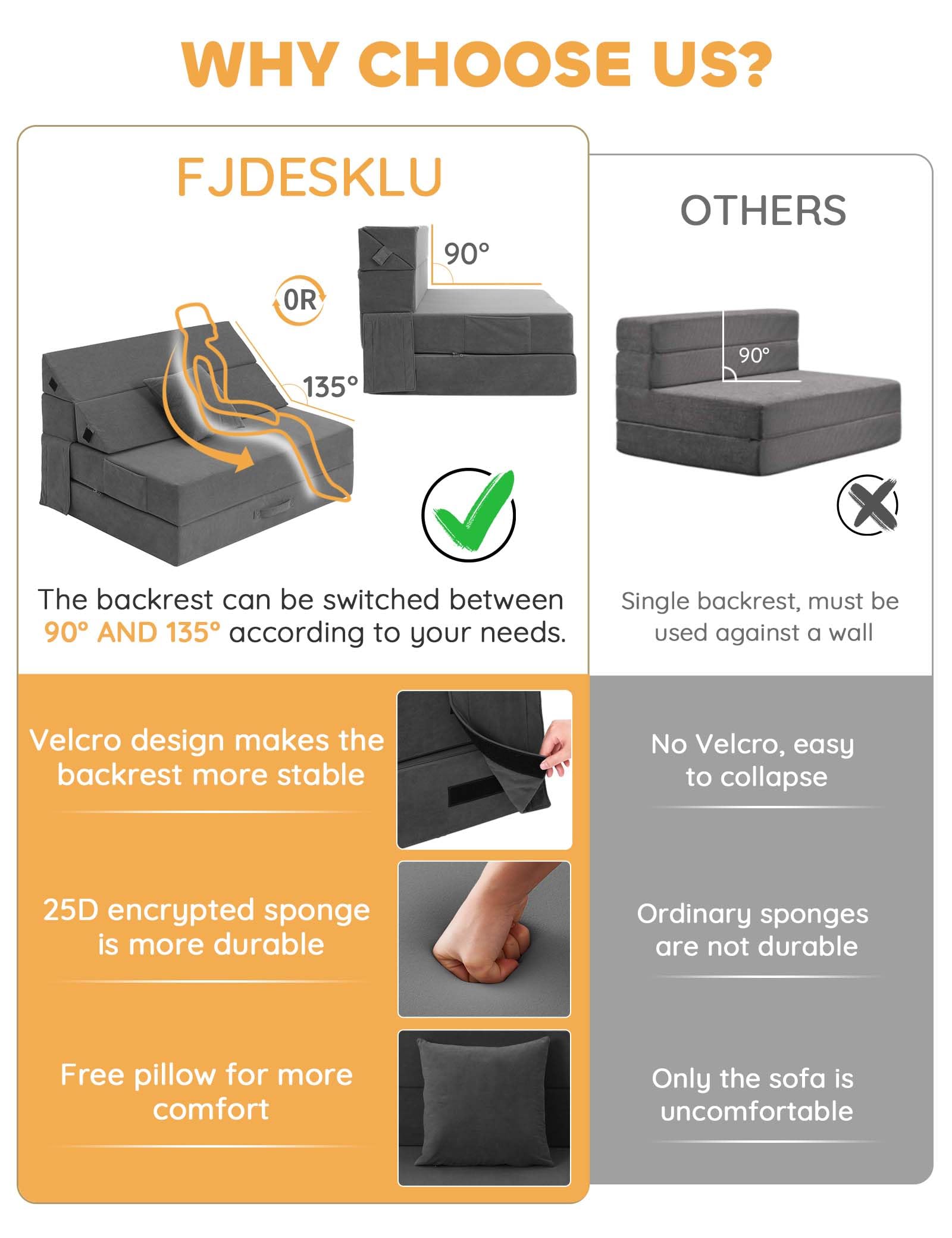 Fjdesklu Folding Couch Sofa Bed - Comfortable Sleeper Chair with Stable Back Support, Pocket and Throw Pillow, Durable Fabric & Portable Design for Napping, Yoga, Reading, and Relaxation - Grey