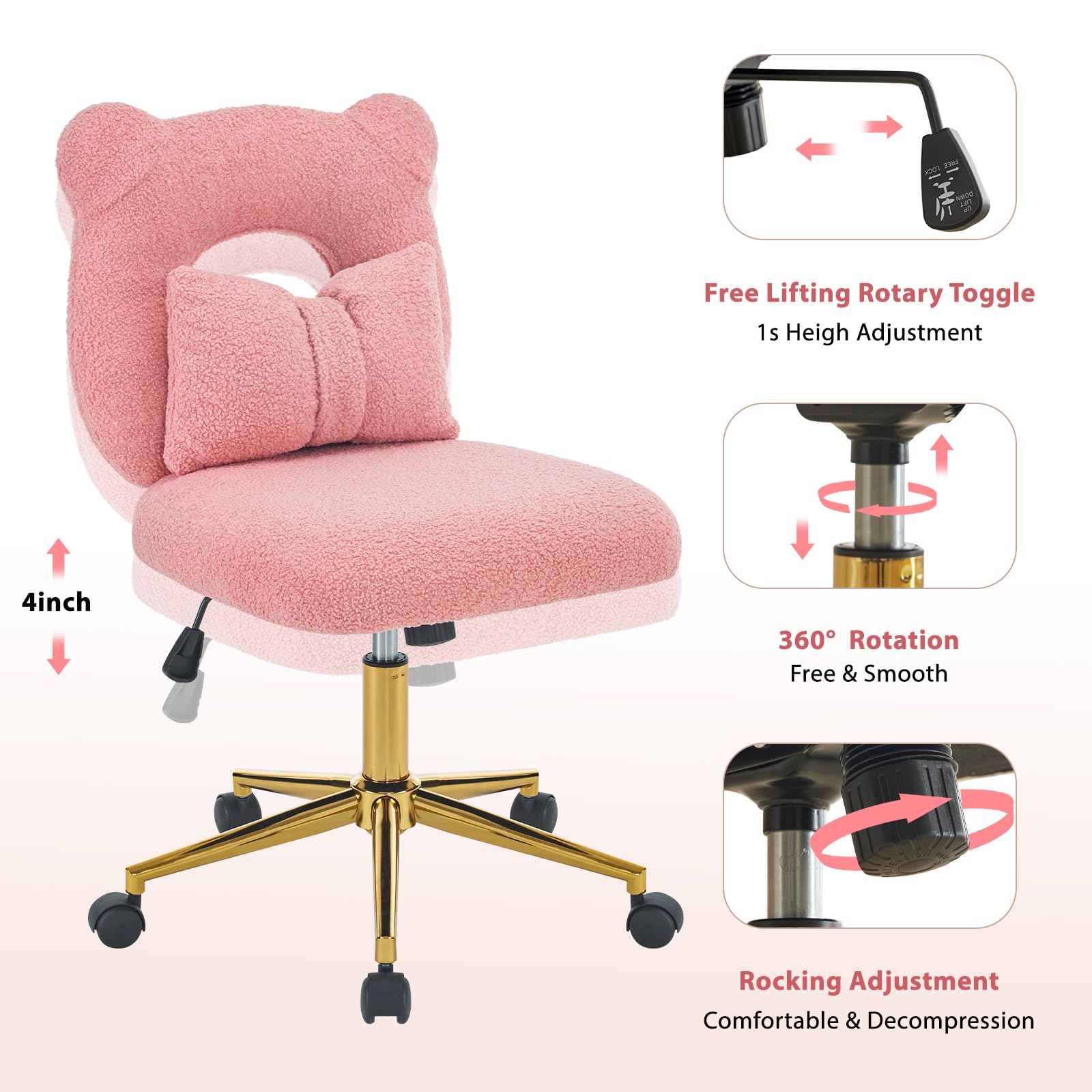 Furniliving Cute Vanity Desk Chair, Armless Home Office Desk Chair Height Adjustable with Wheels Upholstered Pillow for Makeup Room for Girls, Sherpa Pink