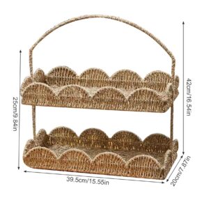 Peosaard Seagrass Baskets 2 Layers Scalloped Basket Tray with Handle Rustic Decorative Woven Basket with Scalloped Edge Coffee Table Basket Organizer 15.6x7.9x9.8 Inch, Seagrass Storage Baskets