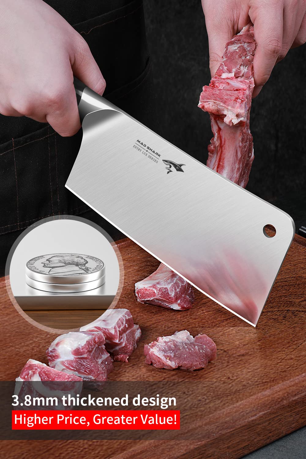 MAD SHARK Meat Cleaver Knife, German Stainless Steel Professional Butcher Chopper 7.5 Inch, Stainless Steel Handle, Heavy Duty Blade for Home Kitchen and Restaurant