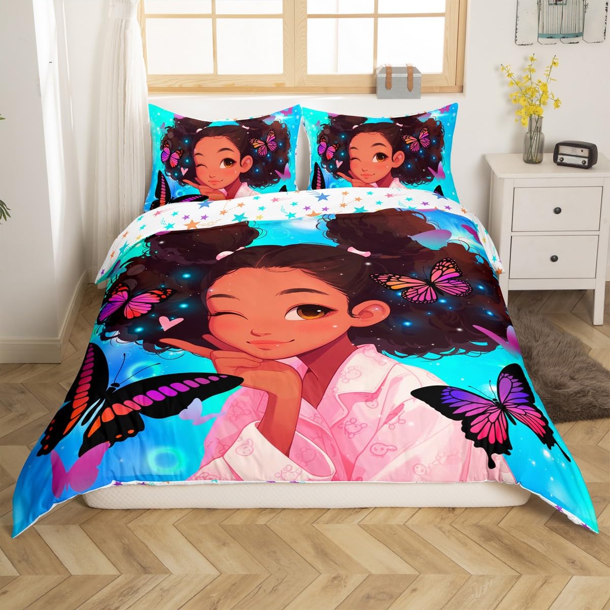 Cute Black Girls Bedding Set Full Size Pretty Girls Duvet Cover, American Black Girls Comforter Cover for Girls Kids Kawaii Princess Bedroom Decor, Afro Girls Bedspread Cover Dreamy Butterfly Bedding