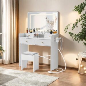 JanflyHome Vanity Desk with Mirror and Lights, Makeup Vanity Table with Drawers, Storage Stool, 41" Large Mirror Dressing Table Vanity Set for Girls Women Bedroom, White