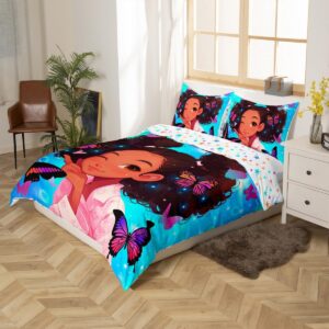 Cute Black Girls Bedding Set Full Size Pretty Girls Duvet Cover, American Black Girls Comforter Cover for Girls Kids Kawaii Princess Bedroom Decor, Afro Girls Bedspread Cover Dreamy Butterfly Bedding