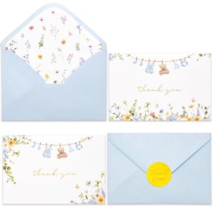 crisky baby shower blue gold thank you cards (50 pack) with envelopes & stickers boy baby shower greeting cards bulk, watercolor delicate wildflower for baby shower party