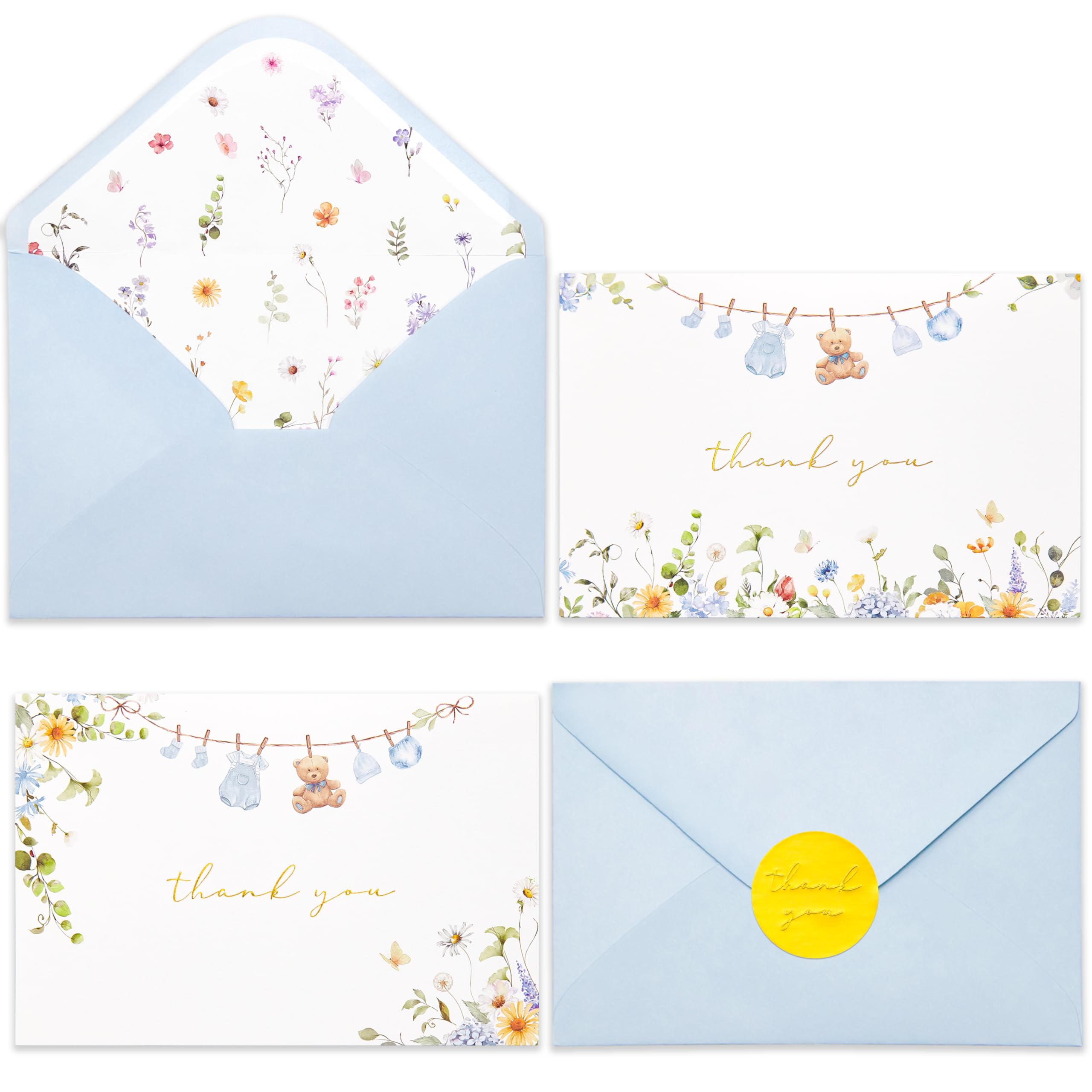 Crisky Baby Shower Blue Gold Thank You Cards (50 Pack) with Envelopes & Stickers Boy Baby Shower Greeting Cards Bulk, Watercolor Delicate Wildflower for Baby Shower Party