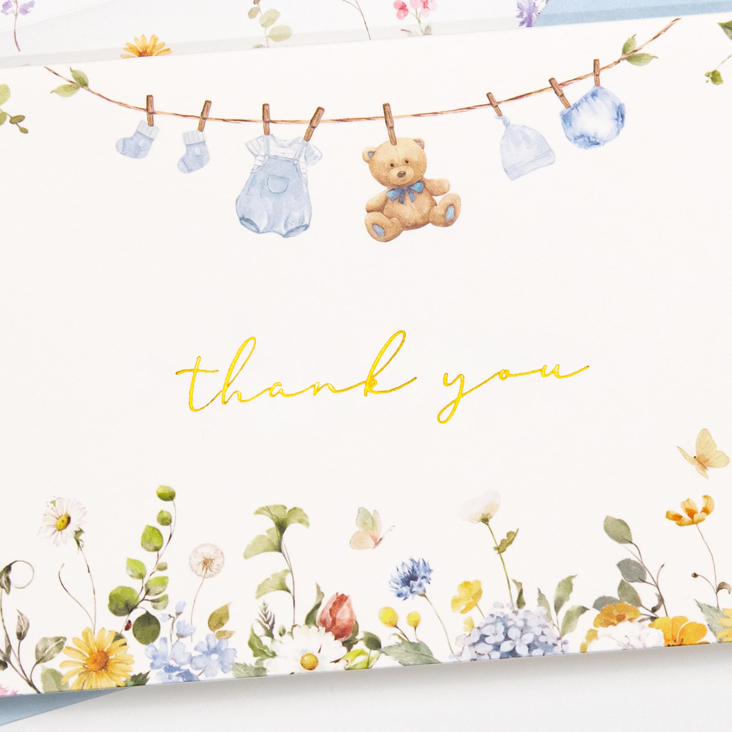 Crisky Baby Shower Blue Gold Thank You Cards (50 Pack) with Envelopes & Stickers Boy Baby Shower Greeting Cards Bulk, Watercolor Delicate Wildflower for Baby Shower Party