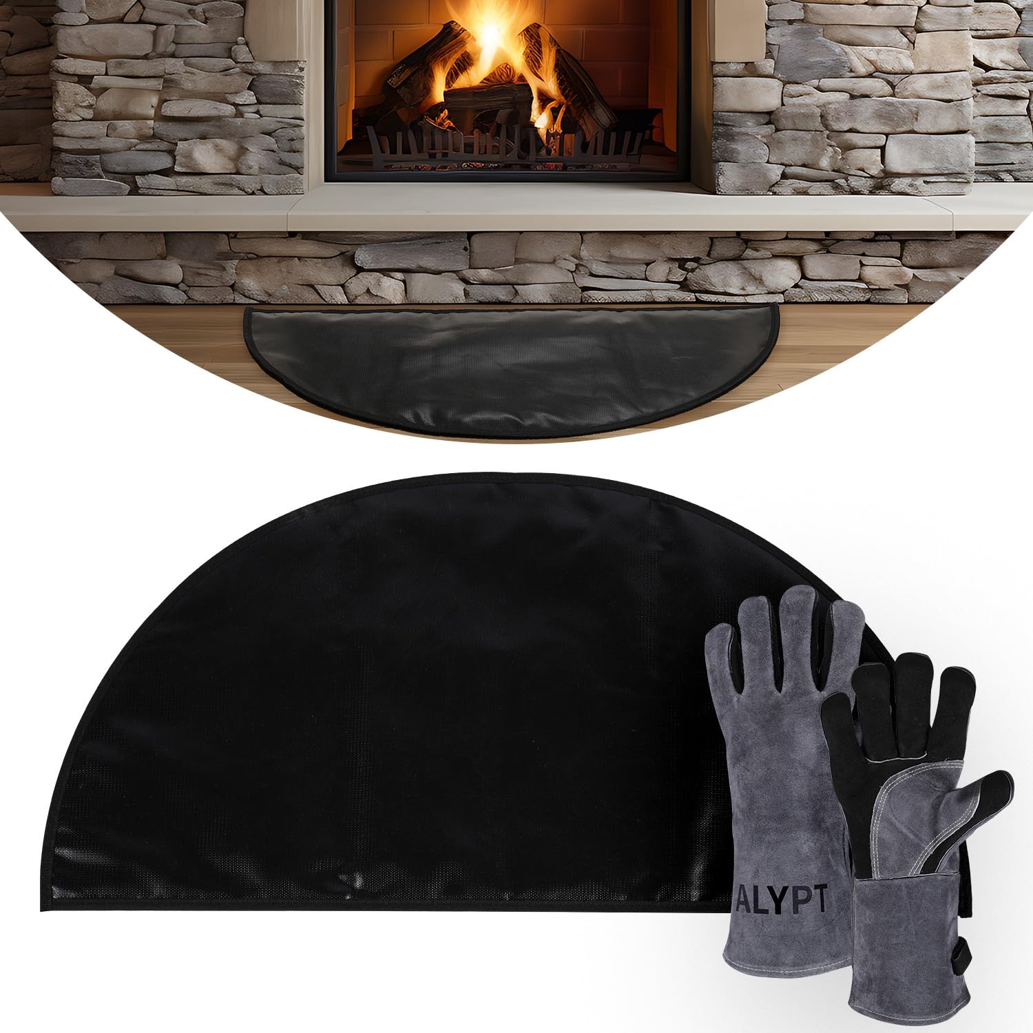 Alypt Fireproof Fireplace Hearth Mat 32"x16" Plus Gloves - Extra Thick 6.49mm, Fire Retardant Rugs for Fireplace, Stove, Patio, Kitchen, Fire Pit - Non-Slip Silicone Pad - Protects Against Embers