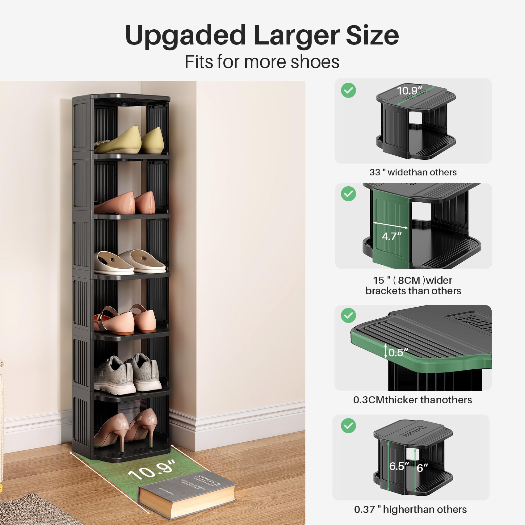 HERJOY 8 Tier Shoe Rack for Closet, Stackable Shoe Organizer for Front Door Entrance Narrow Vertical Shoe Shelf Plastic Shoe Storage Cabinet for Entryway, Closet, Bedroom