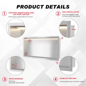 Hicarer Stainless Steel Shower Niche LED Light Recessed Niche Shower Waterproof Recessed Wall Mounted No Tiling Required Shower Alcove for Bathroom Storage Installation (Gray,12 x 24 Inch)