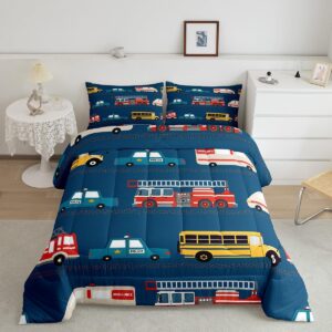 feelyou fire truck blue comforter set,police car down comforter twin size,school bus bedding set for kids boys teens youth,equipped truck cartoon vehicle quilt duvet insert bedroom dorm decor 2 pcs