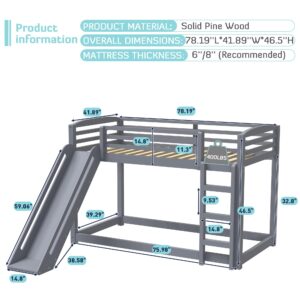 DreamBuck Bunk Bed with Slide, Solid Wood Twin Over Twin Bunk Bed with Ladder and Safety Guardrails, Floor Bunk Bed for Kids Boys Girls, Low Bunk Bed Space-Saving, Easy Assembly, Grey