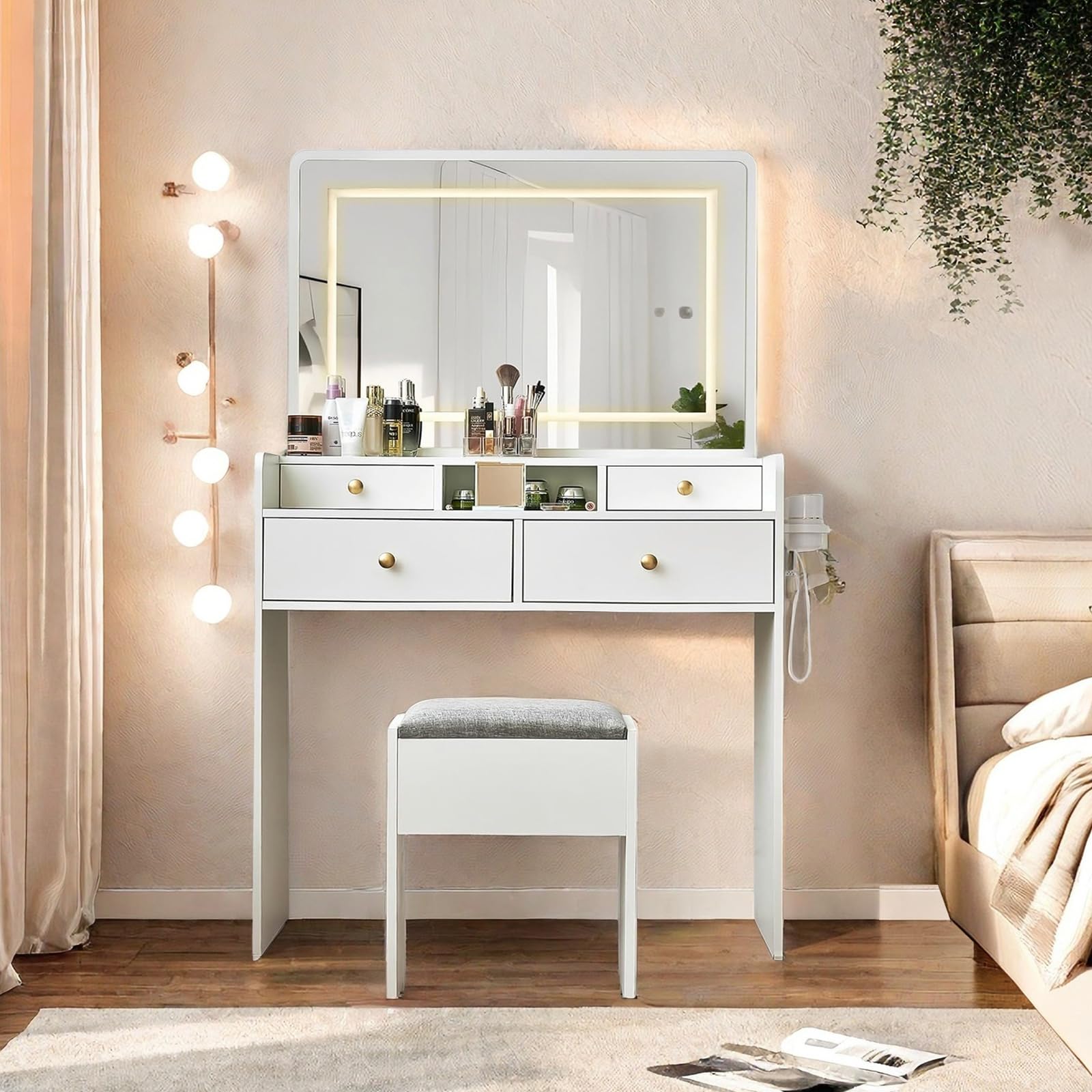 JanflyHome Vanity Desk with Mirror and Lights, Makeup Vanity Table with Drawers, Storage Stool, 41" Large Mirror Dressing Table Vanity Set for Girls Women Bedroom, White