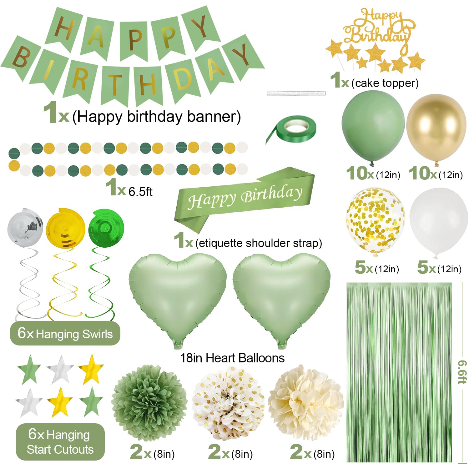 Torerun Upgraded Sage Green Birthday Party Decorations Olive Green and Gold Balloons with Happy Birthday Banner Sash,Cake Topper,Fringe Curtain,Star Hanging Swirls for Women or Girls