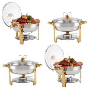 gold chafing dish buffet set 5qt 4packs, stainless steel round chafers with glass viewing lid & lid holder, buffet servers and warmers set for dinner, parties, wedding, camping