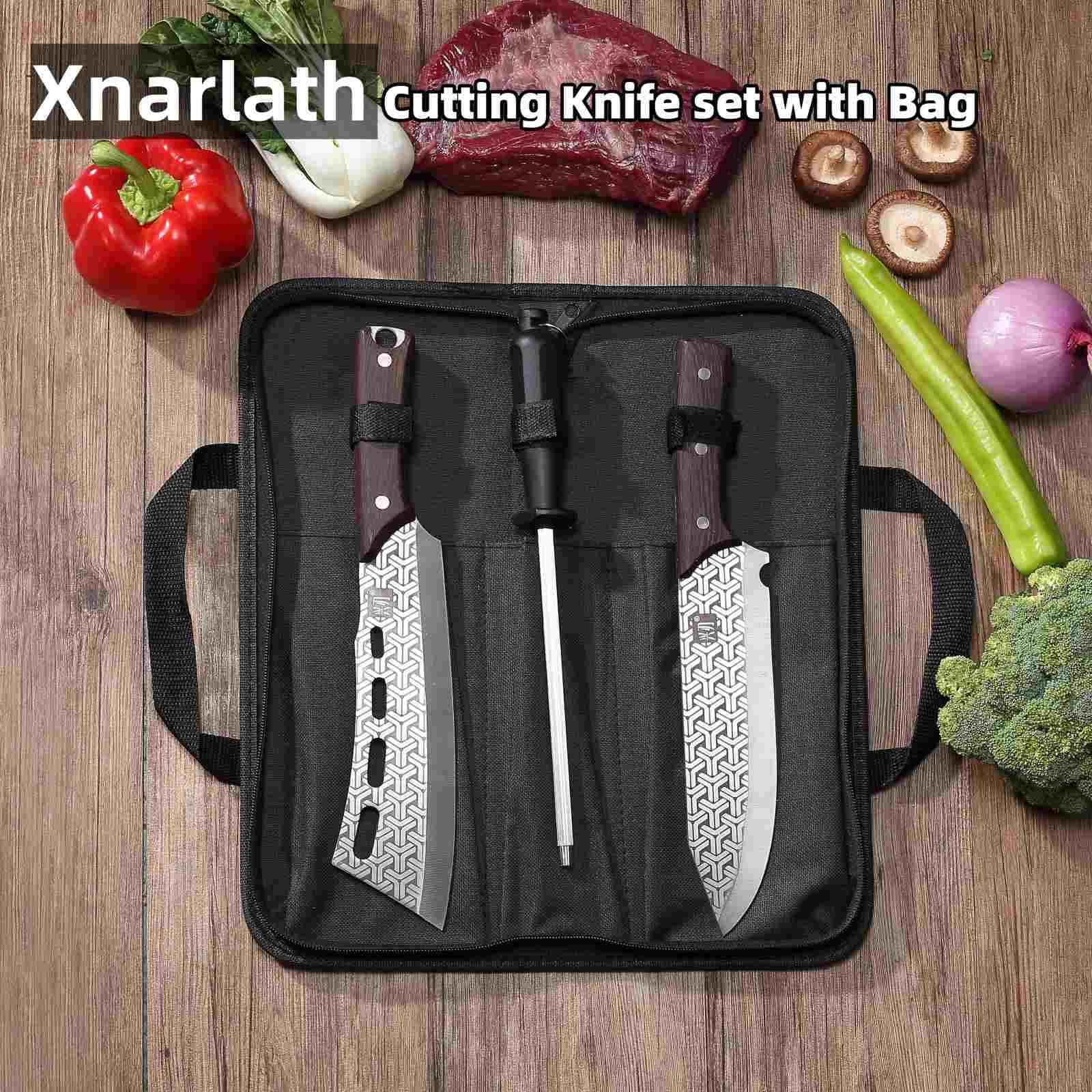 Xnarlath Butcher Chef Knife Set,Outdoor BBQ Camping Knife with Bag,Hand Forged Heavy Duty Bone Chopper,High Carbon Steel Meat Cleaver for Meat Cutting Processing (2 Cutting knife)