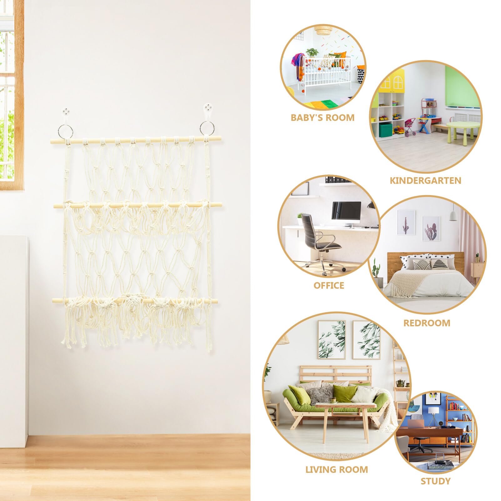 Toyvian Double Layer Hammock for Plush Toy, Macrame Net Tapestry Storage Rack Bookshelf Hammock Decorative Wall Hanging Stuffed Animal Hammock, White Household Wooden Stick Storage Net Bag