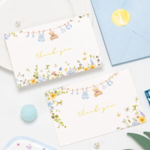 Crisky Baby Shower Blue Gold Thank You Cards (50 Pack) with Envelopes & Stickers Boy Baby Shower Greeting Cards Bulk, Watercolor Delicate Wildflower for Baby Shower Party