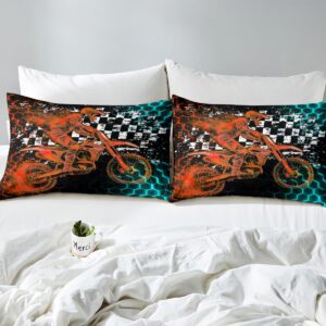 Feelyou Motocross Duvet Cover Set Black Orange Dirt Bike Rider Blue Orange Honeycomb Bedding Set Boys Racing Grid Comforter Cover Fashion Motorcycle Silhouette Quilt Cover Room 2Pcs Twin Size,Zipper