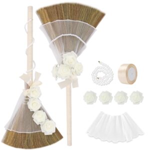 Wedding Broom for Jumping Ceremony, Decorative Jump Broom DIY White Tulle Accents with Ribbons Artificial Pearl Roses