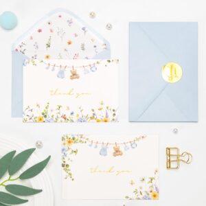 Crisky Baby Shower Blue Gold Thank You Cards (50 Pack) with Envelopes & Stickers Boy Baby Shower Greeting Cards Bulk, Watercolor Delicate Wildflower for Baby Shower Party