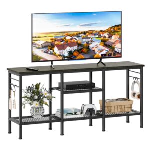 furologee tv stand for tvs up to 55 inch, entertainment center with open storage shelves, tv media console table with soundbar shelf for living room, bedroom, black oak