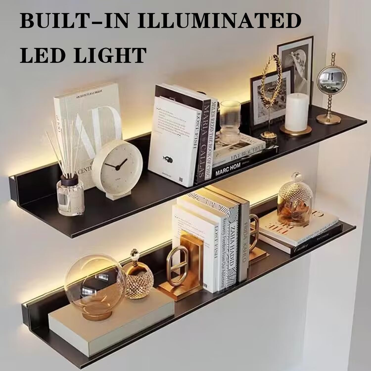 1pcs LED Floating Display Shelf with Built-in Illuminated Lights, Wall Mounted Metal Emitting Shelf Lighted Display Shelf, Creative Hanging Shelf for Living Room, Bedroom, Kitchen,Gold,150cm/59in