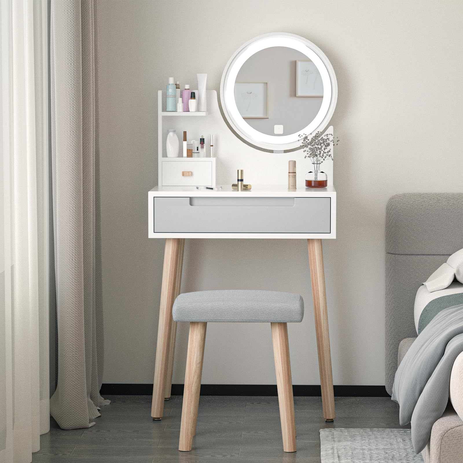 ARTETHYS Small Vanity Desk Set with 3 Adjustable Lighted Mirror and Storage Shelf White and Grey Tiny Vanity Table with Drawer for Bedroom 24 Inch Makeup Vanity Compact Dressing Table for Small Space