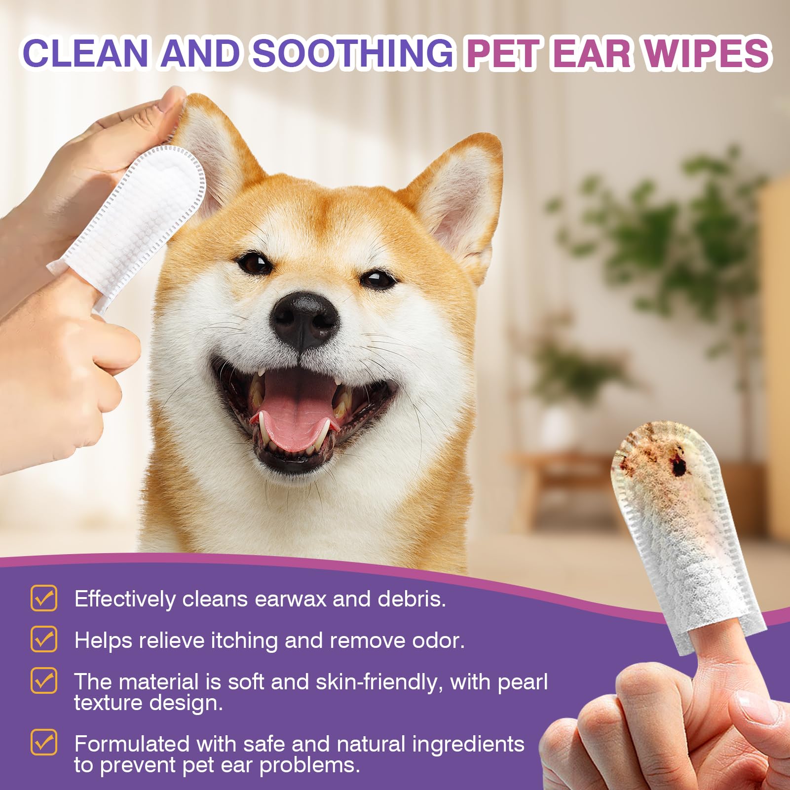 65pcs Pet Ear Cleaning Finger Wipes Cat Dog Ear Wipes Cleaner Cat and Dog Care Remove Earwax Debris Deodorize Relieve Ear Itching and Inflammation Non-Irritating Easy to Use Plant Fragrance