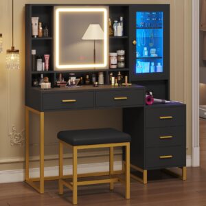 BTHFST Makeup Vanity with Upholstered Stool & Charging Station, Vanity Desk with Mirror and Lights & Jewelry Storage, Vanity Table Set with RGB Lights & 5 Drawers & Shelves, Black & Gold