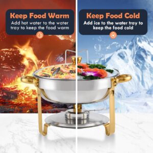 Gold Chafing Dish Buffet Set 5QT 4Packs, Stainless Steel Round Chafers with Glass Viewing Lid & Lid Holder, Buffet Servers and Warmers Set for Dinner, Parties, Wedding, Camping