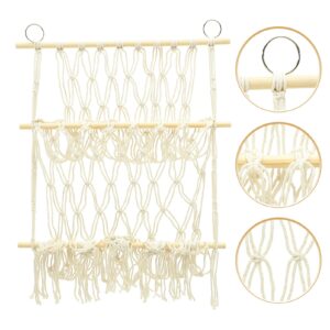 Toyvian Double Layer Hammock for Plush Toy, Macrame Net Tapestry Storage Rack Bookshelf Hammock Decorative Wall Hanging Stuffed Animal Hammock, White Household Wooden Stick Storage Net Bag