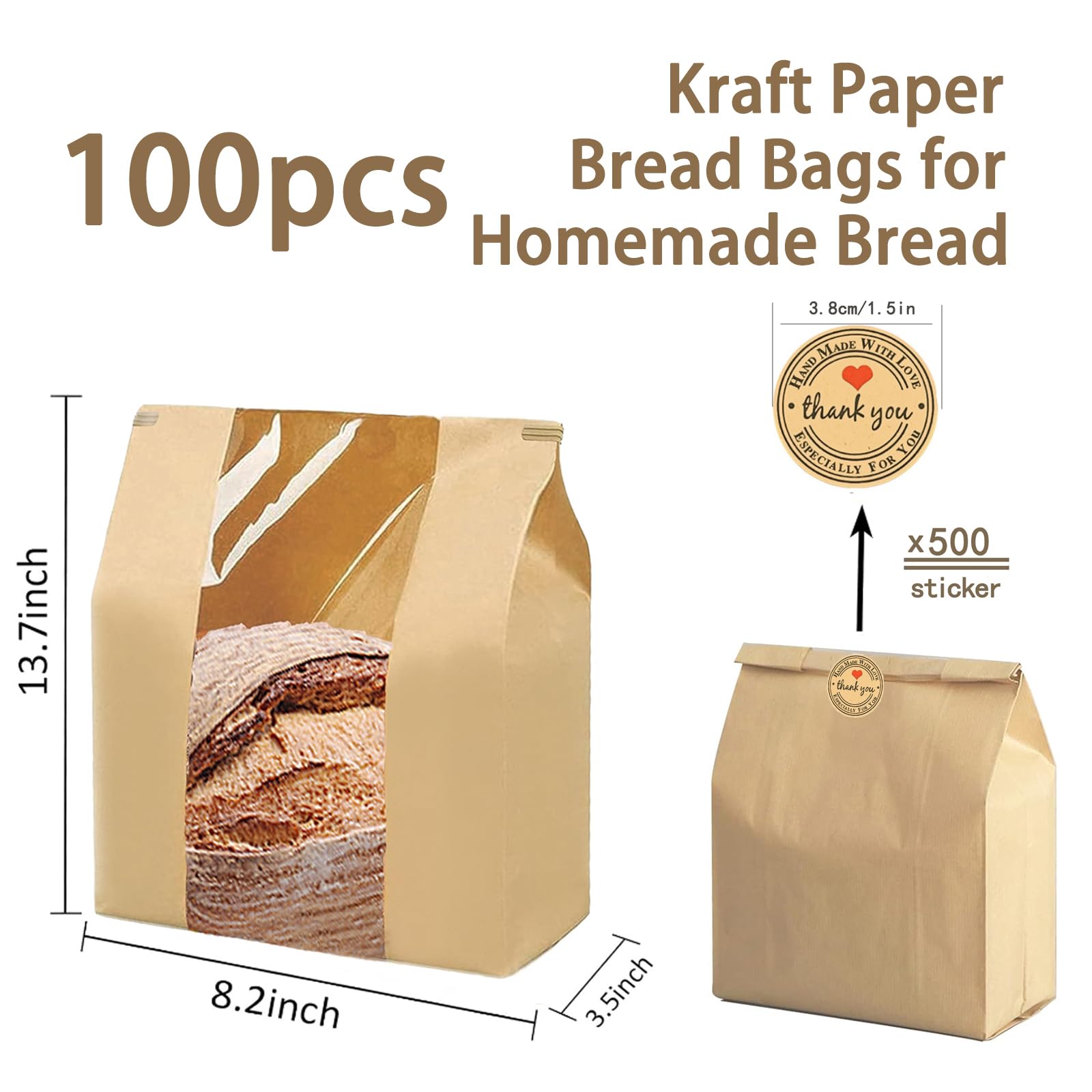 100 Pcs(13.7x8.2x3.5 in) Paper Bread Bags for Homemade Bread, Sourdough Bread Bags with Window, Sourdough Storage Bread Bags for Bread Packaging includes 500 Cute Seal Stickers