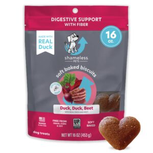 shameless pets soft-baked dog treats, duck duck beet - natural & healthy dog chews for digestive support with fiber - dog biscuits baked & made in usa, free from grain, corn & soy - 1-pack