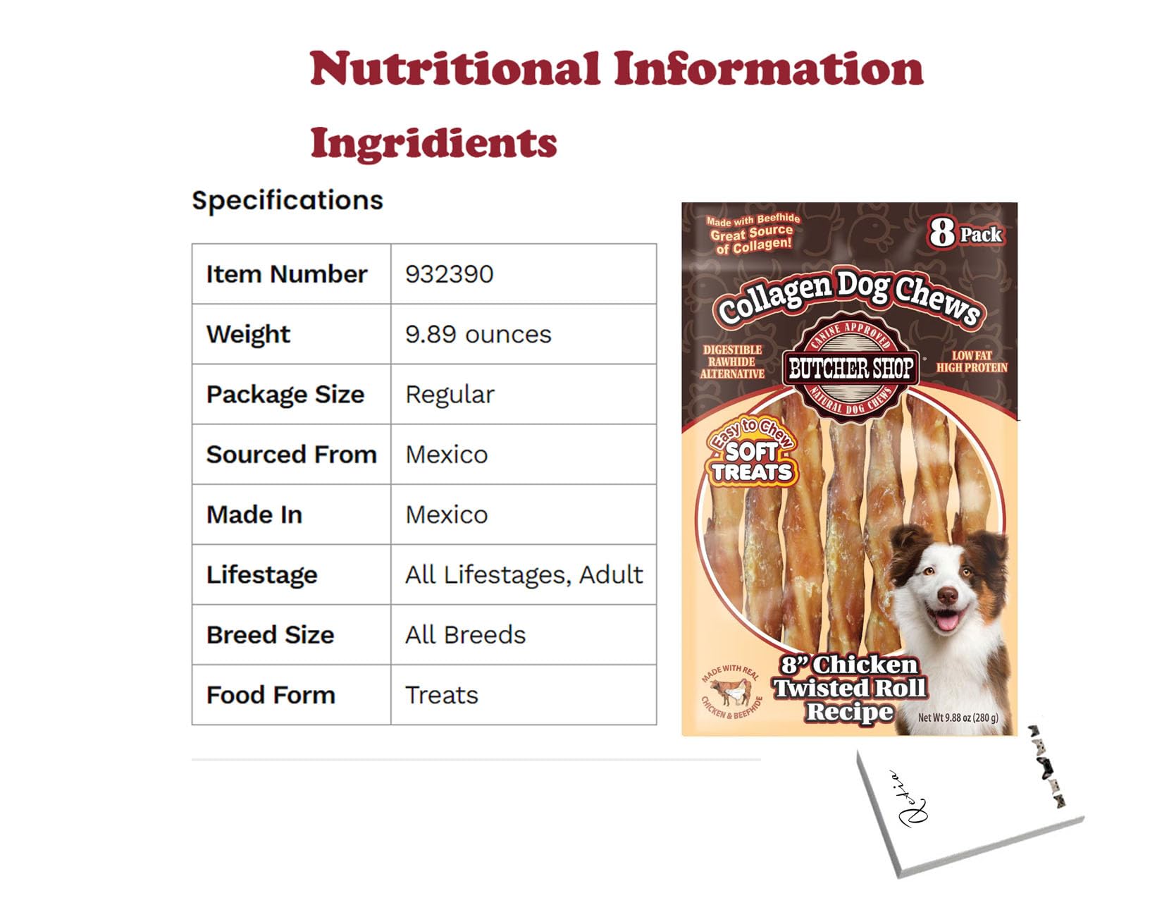 Butcher Shop Dot Treats Variety Pack of - Butcher Shop Collagen 8-in Chicken Twisted Roll Recipe Dog Jerky Treat, 9.88-oz Bag and Butcher Shop 8-in Chicken & Rawhide Rolls Recipe Dog Treat, 10-oz Bag