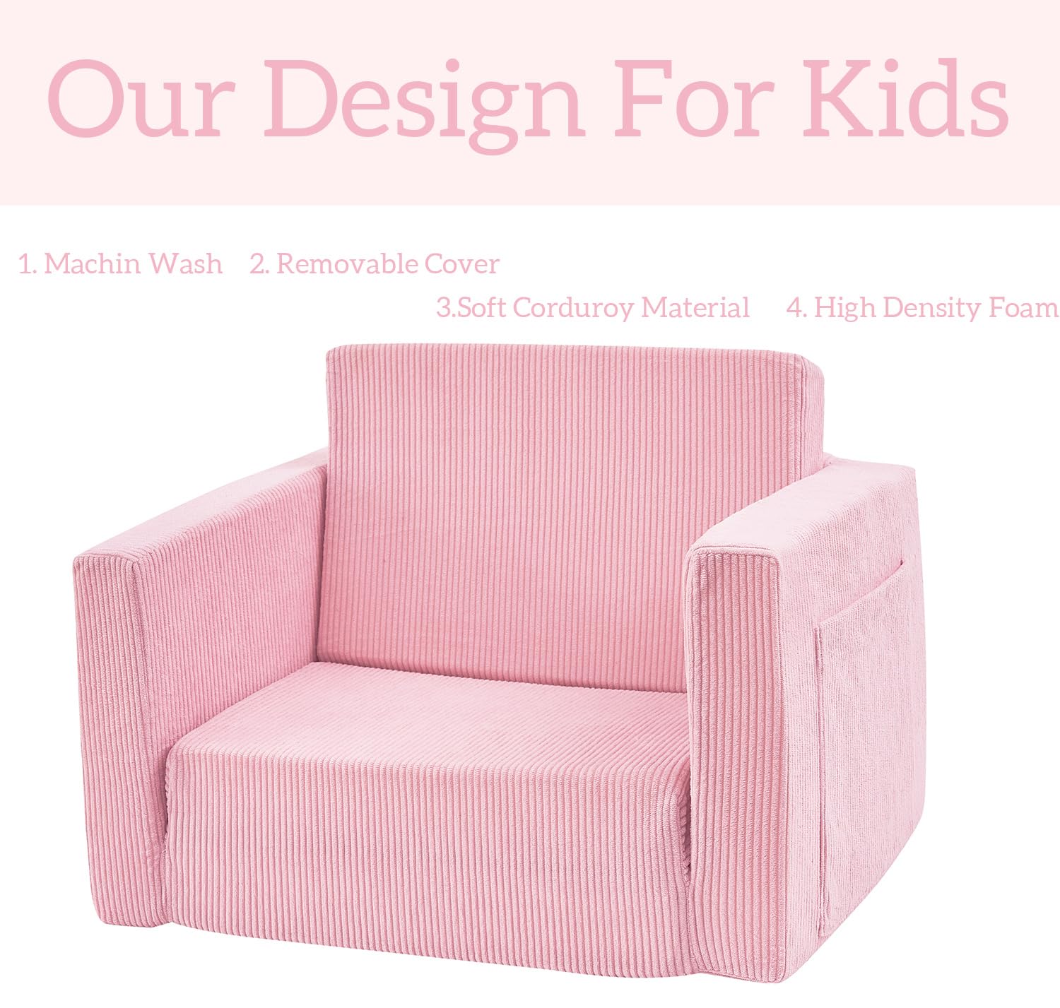 Kids Folding Sofa Chair Couch Foam Filled Lounge Toddler Chair Couch Cuddly Corduroy Comfy Bean Bag Chair Couch for Boys and Girls Pink 1-4T