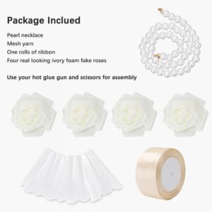 Wedding Broom for Jumping Ceremony, Decorative Jump Broom DIY White Tulle Accents with Ribbons Artificial Pearl Roses