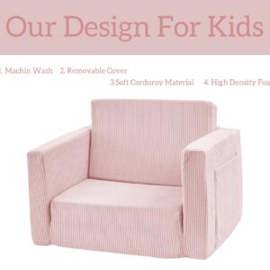 Kids Folding Sofa Chair Couch Foam Filled Lounge Toddler Chair Couch Cuddly Corduroy Comfy Bean Bag Chair Couch for Boys and Girls Light Pink 1-4T