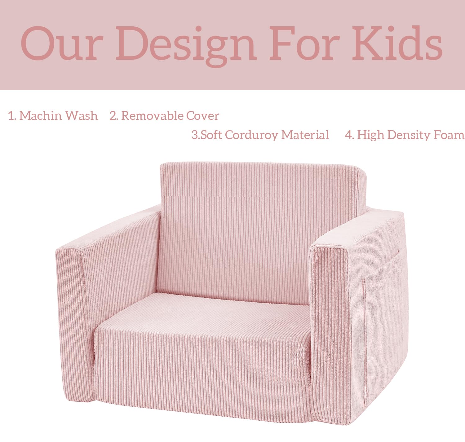 Kids Folding Sofa Chair Couch Foam Filled Lounge Toddler Chair Couch Cuddly Corduroy Comfy Bean Bag Chair Couch for Boys and Girls Light Pink 1-4T