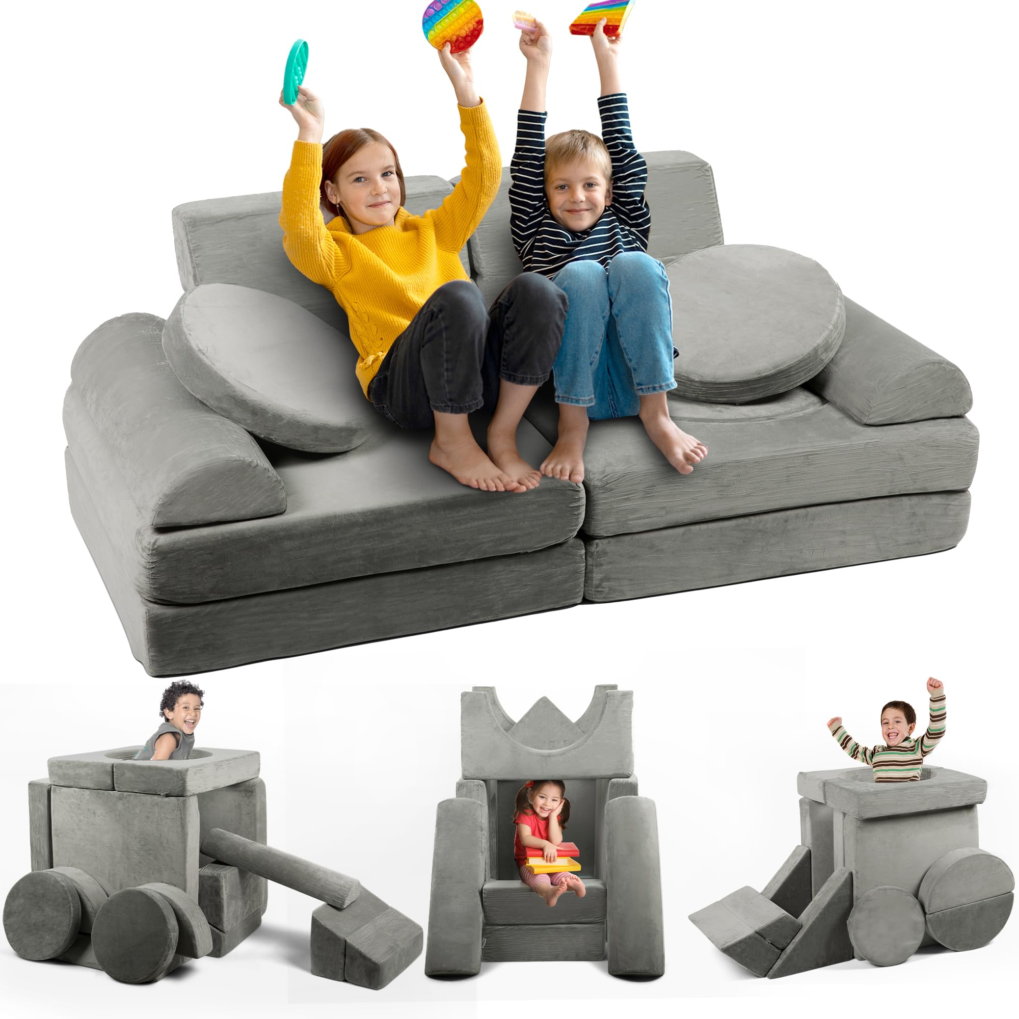 HappyKidd Modular Kids Play Couch - 15 Pieces Buildable Plush Play Couch Panels with Ball Pit Square, Backrests - Kids Sofa Couch Furniture for Ages 5-12, Kids Couch for Playroom, Bedroom, Classroom