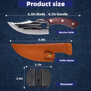 Xnarlath Butcher Chef Knife for Meat Cutting，High Carbon Steel Meat Cleaver Processing,Hand Forged Caveman Viking Knife with Sheath，Outdoor BBQ Camping Knife (6.5in butcher knife)