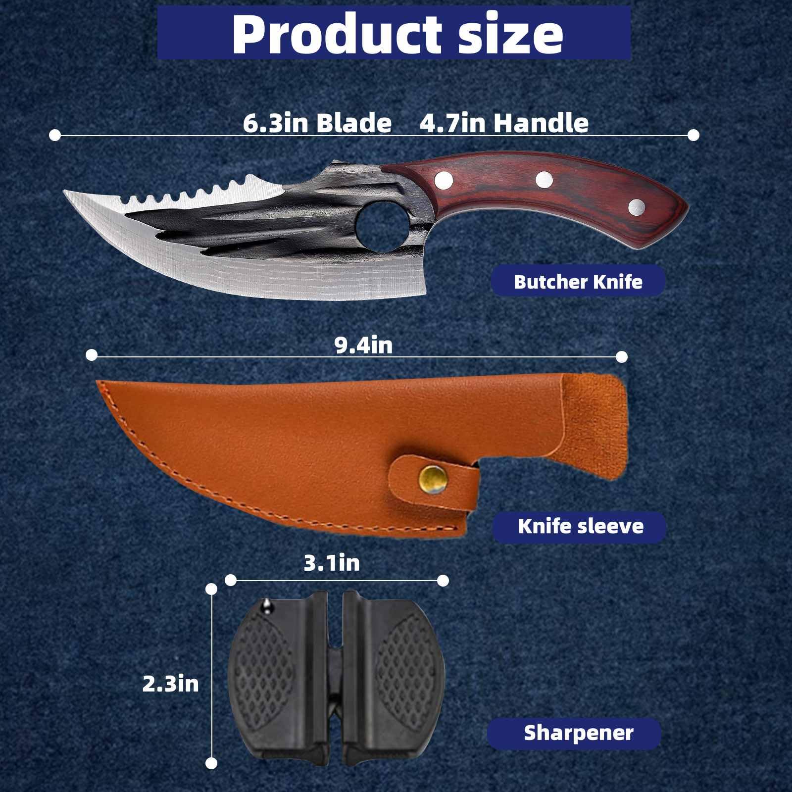 Xnarlath Butcher Chef Knife for Meat Cutting，High Carbon Steel Meat Cleaver Processing,Hand Forged Caveman Viking Knife with Sheath，Outdoor BBQ Camping Knife (6.5in butcher knife)