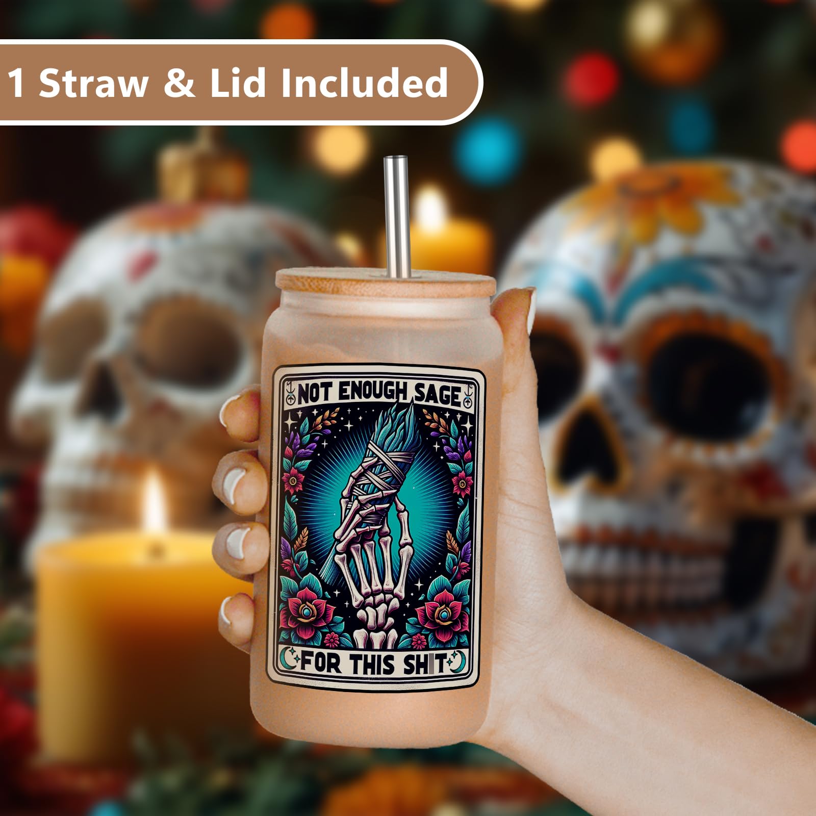 LEADO Tarot Card Skeleton Hand Cup, Funny Halloween Skull Tumbler, 16 oz Frosted Coffee Glass Cups with Lids Straws - Witchy Gifts for Women, Sarcastic Birthday, Christmas Gifts for Friend Mom