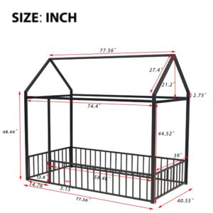 YOPTO Twin Size Metal House Shaped Floor Bed with Full Length Fence,Playhouse Bed Frame W/Pitched Roof Design,Easy Assembly,for Kids,Boys and Girls