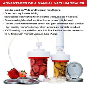 FORJARS Jar Vacuum Sealer Accessory Set for Mason Jars - Compatible with Regular and Wide Mouths, Cordless Pump for Portable Manual Hand Sealing, no electric. Vacuum Sealer with Plastic Lids