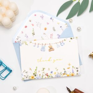 Crisky Baby Shower Blue Gold Thank You Cards (50 Pack) with Envelopes & Stickers Boy Baby Shower Greeting Cards Bulk, Watercolor Delicate Wildflower for Baby Shower Party