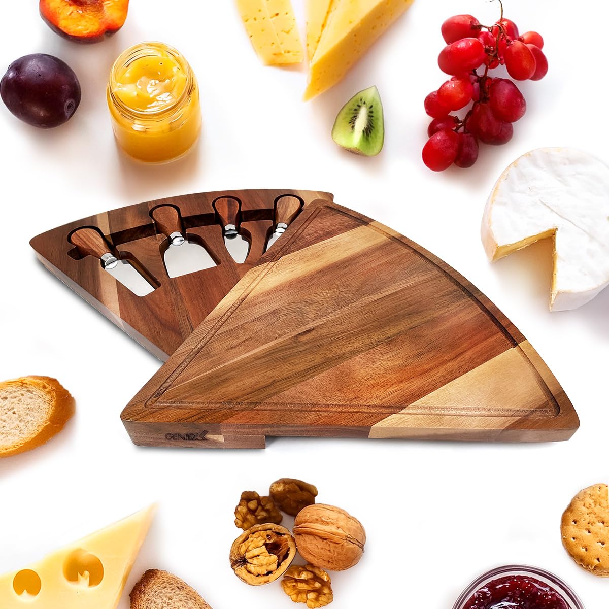 GenieX Acacia Wood Charcuterie Boards with Knife Set, Rotating Open Cheese Board Set with Cheese Knives | Wedding Gifts for Couples, Bridal Showers Gift and Perfect Housewarming Gifts New Home