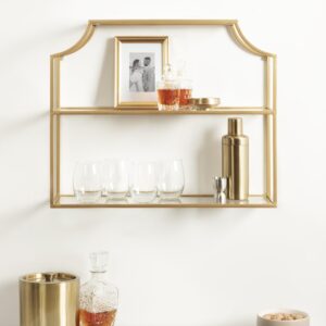 Kate and Laurel Ciel Modern Glam Wide Two-Tier Wall Shelf, 24 x 20, Gold, Tiered Bathroom Shelves for Over The Toilet Storage or Bedroom Makeup Organizer